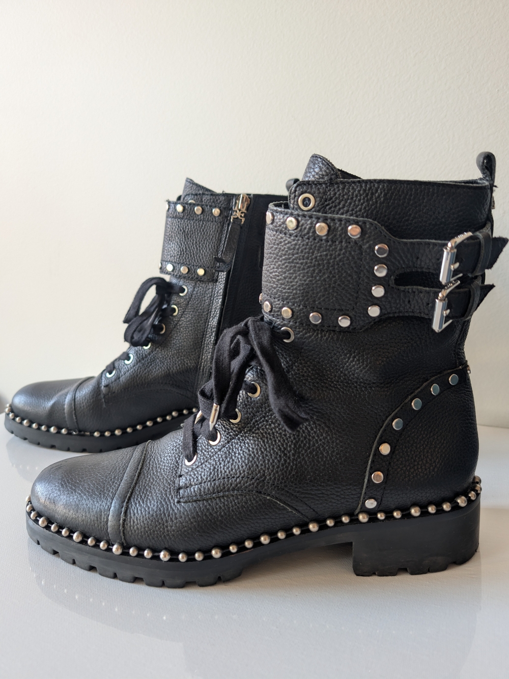 Sam Edelman Jennifer Black Leather Studded Combat Boots Size 9